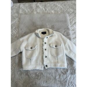 Shaci Blue Womens White Button Up Collared Furry‎ Cropped Jacket Small